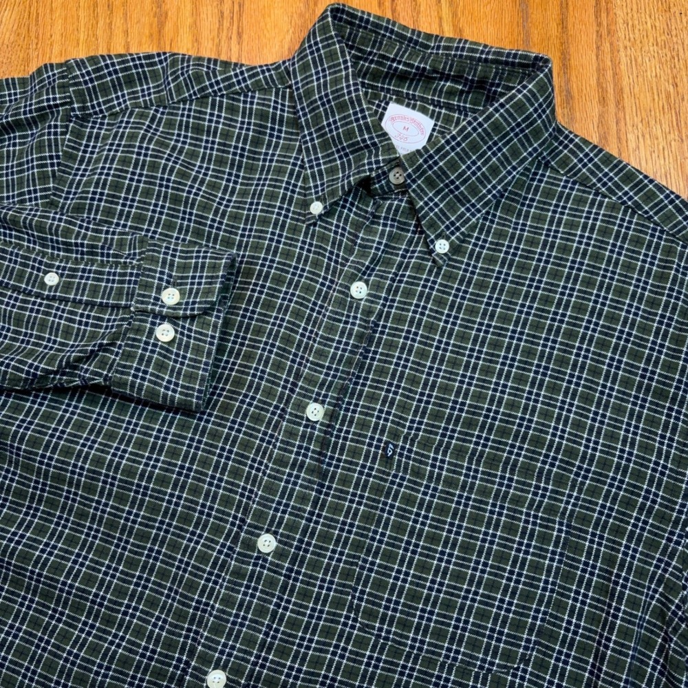 Brooks Brothers 346 Flannel Shirt Mens M Green Plaid Button Down Long Sleeve